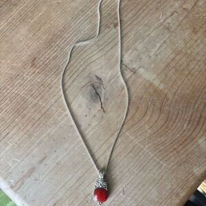 Vintage Sterling Silver Necklace with Coral Red Pendant Gem